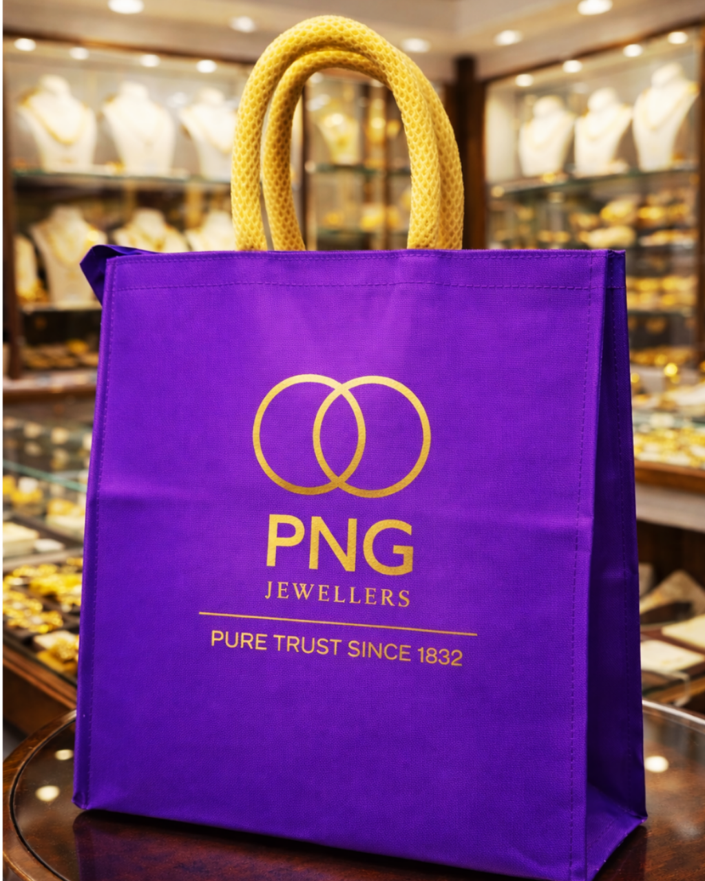 Jewellery Retail Carry Bags | 9x9x3" | With Chain, Gusset & Premium Mesh Handle | PU Matt Finish Material