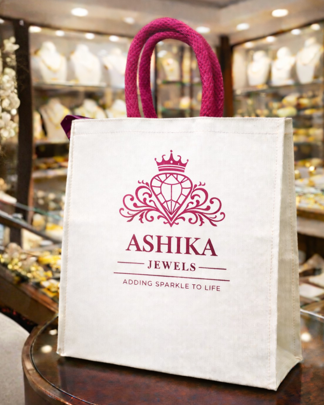 Jewellery Retail Carry Bags | 13x17x3" | With Chain, Gusset & Premium Mesh Handle | PU Matt Finish Material