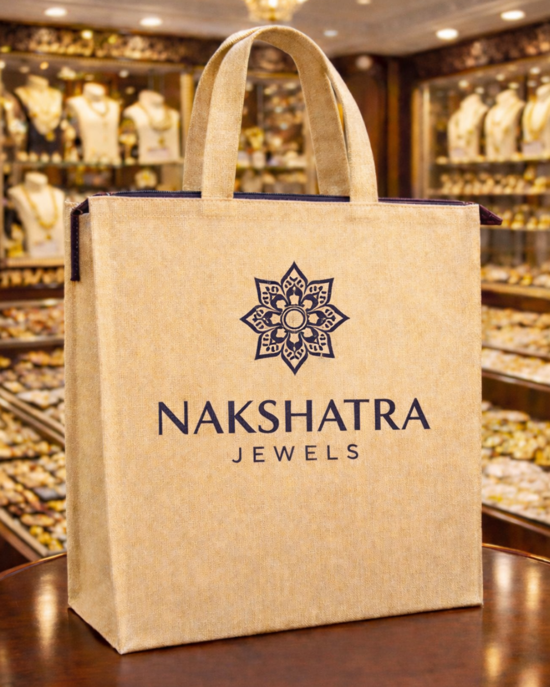 Jewellery Retail Carry Bag | 12x12x3" | With Chain & Gusset | Premium Shiny Soft Jute Material