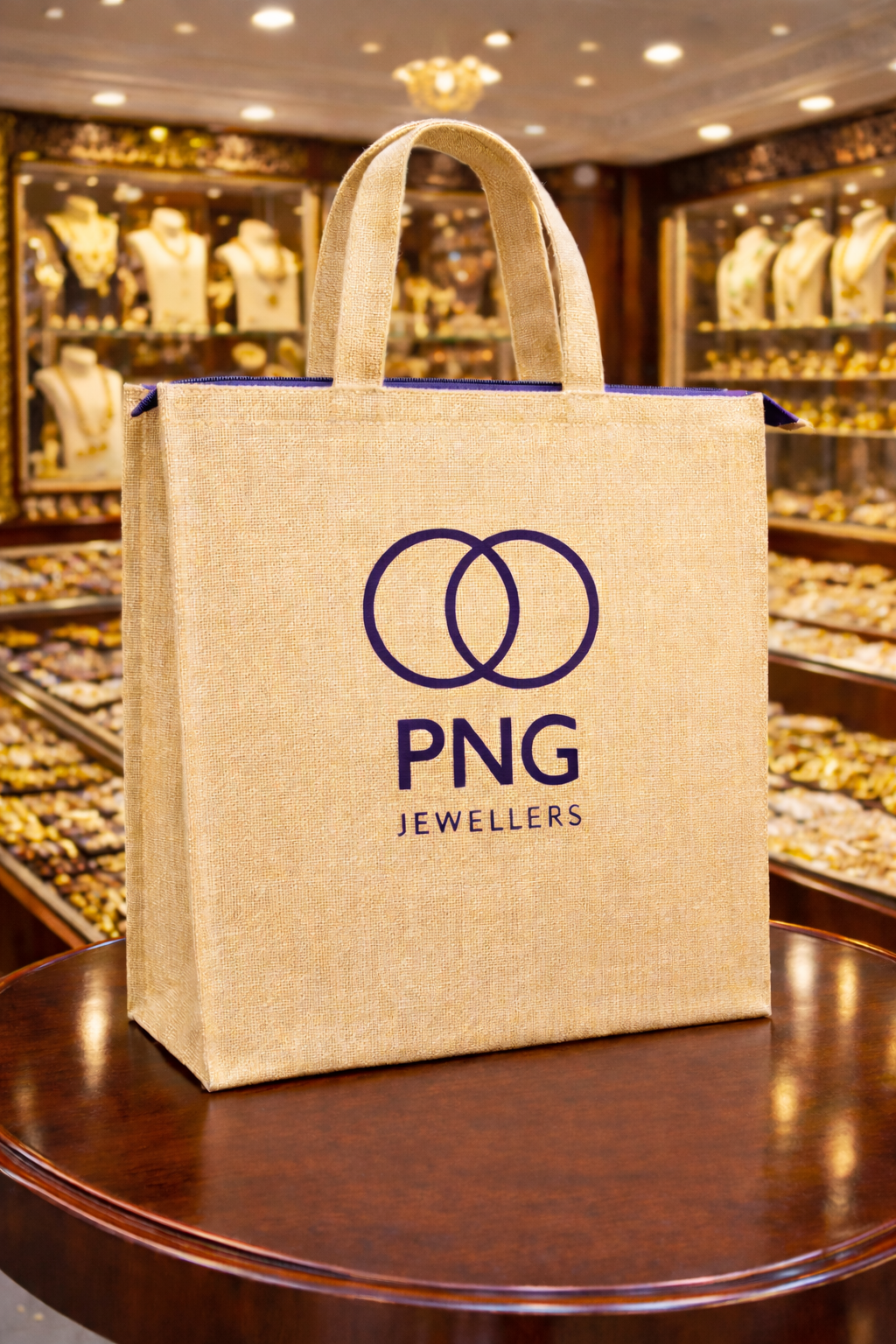 Jewellery Retail Carry Bag | 12x12x3" | With Chain & Gusset | Premium Shiny Soft Jute Material